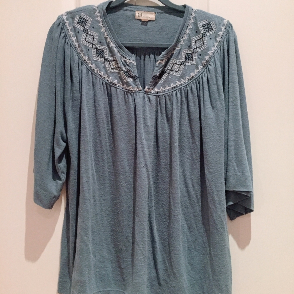 Gap Embroidered yoke flowy blue blouse